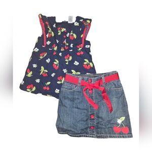Gymboree Navy Cherry Print Top and Denim Skirt Set with Red Accents